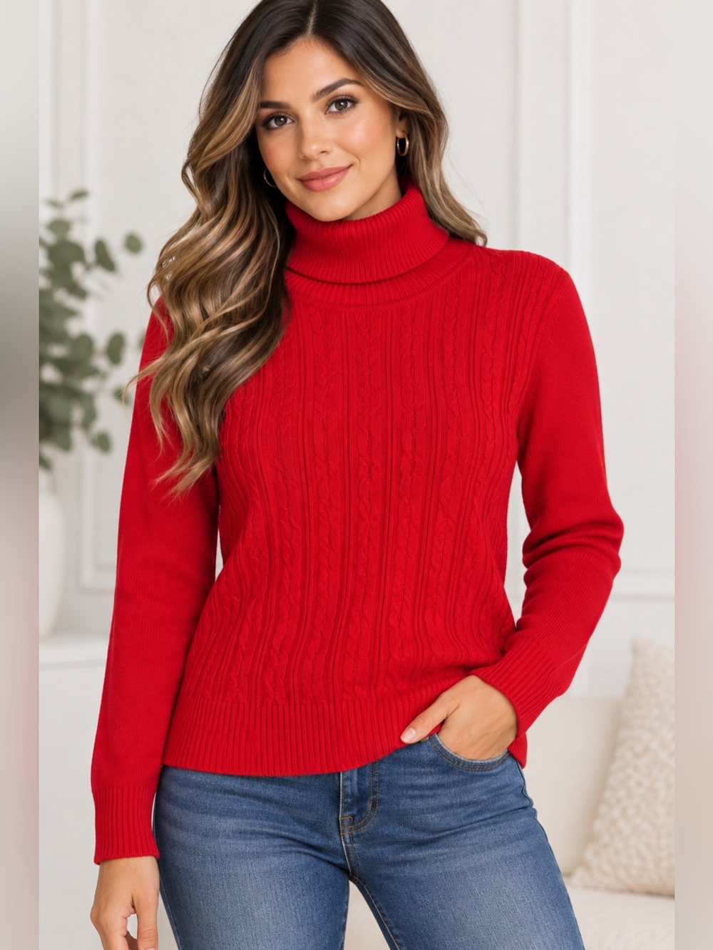 Love Scarlett Red Cable Knit Turtleneck Sweater Women’s Size M